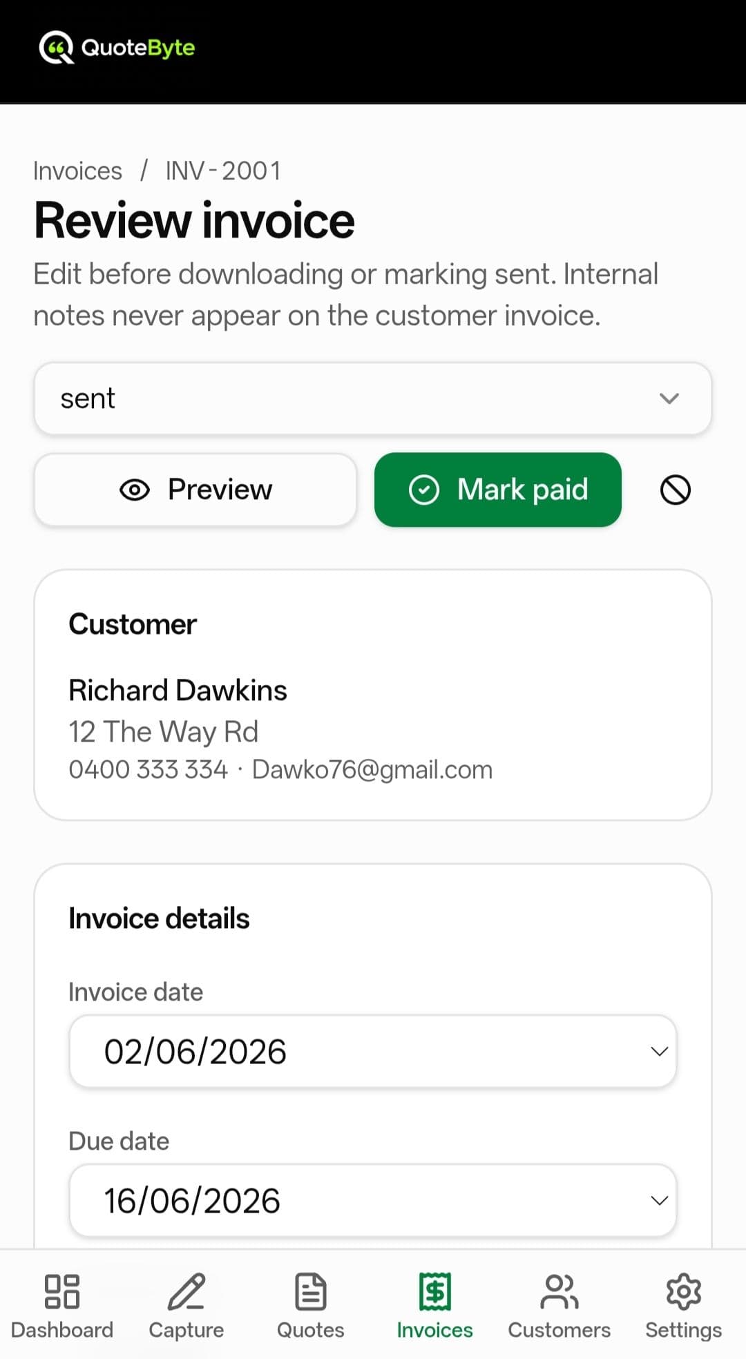 QuoteByte review invoice screen